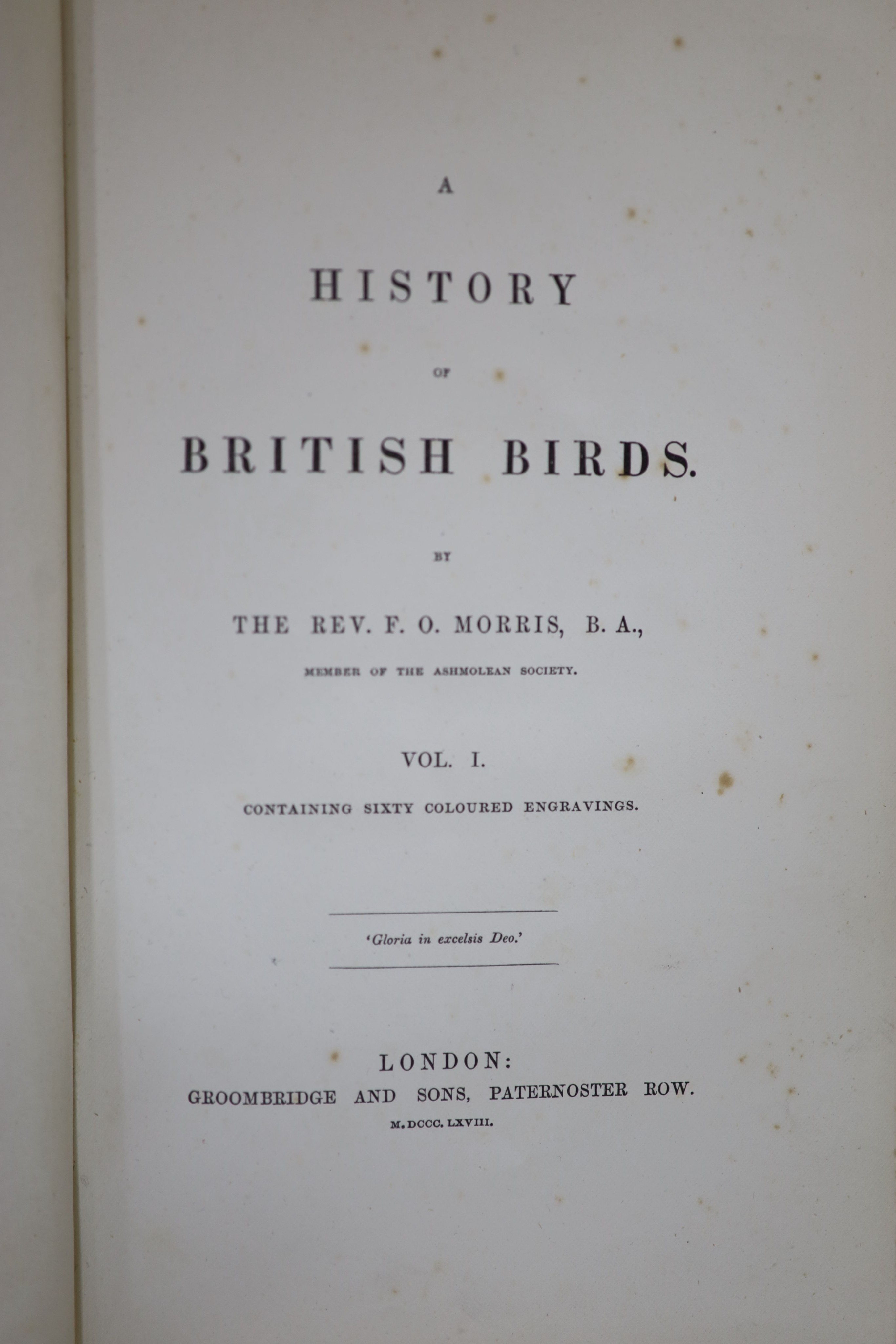 Morris, Rev. Francis Orpen - A History of British Birds. 2nd edition, 2 vols (of 6). Complete with 60 coloured plates to each. Decoratively embossed and panelled cloth boards with gilt pictorial device to upper, the same